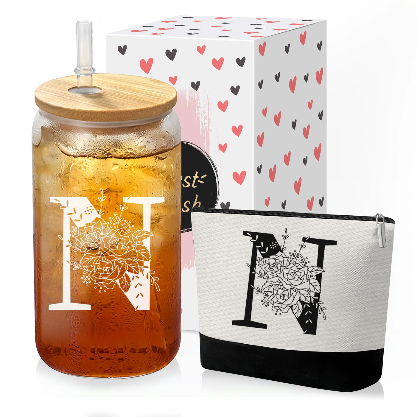 Custom Glass Cup & Makeup Bag Set - Personalized Gifts for Women, Initial 16 oz Glass Tumbler with Lid & Straw, Monogram Makeup Bag - Birthday Gifts For Women, Mother's Day Presents(S)