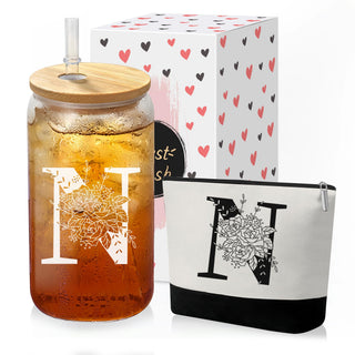 Custom Glass Cup & Makeup Bag Set - Personalized Gifts for Women, Initial 16 oz Glass Tumbler with Lid & Straw, Monogram Makeup Bag - Birthday Gifts For Women, Mother's Day Presents(S)