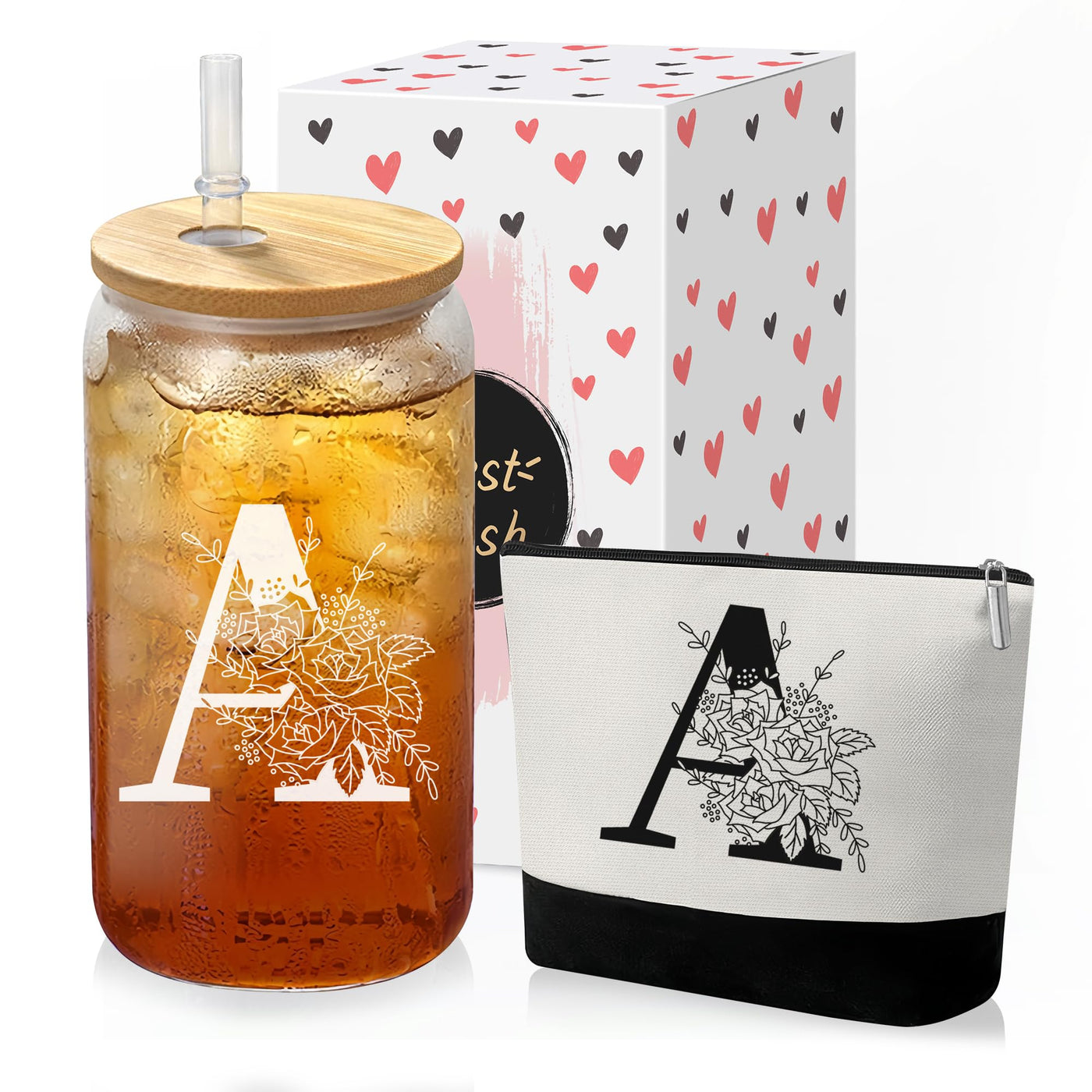Custom Glass Cup & Makeup Bag Set - Personalized Gifts for Women, Initial 16 oz Glass Tumbler with Lid & Straw, Monogram Makeup Bag - Birthday Gifts For Women, Mother's Day Presents(S)