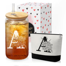 Custom Glass Cup & Makeup Bag Set - Personalized Gifts for Women, Initial 16 oz Glass Tumbler with Lid & Straw, Monogram Makeup Bag - Birthday Gifts For Women, Mother's Day Presents(S)