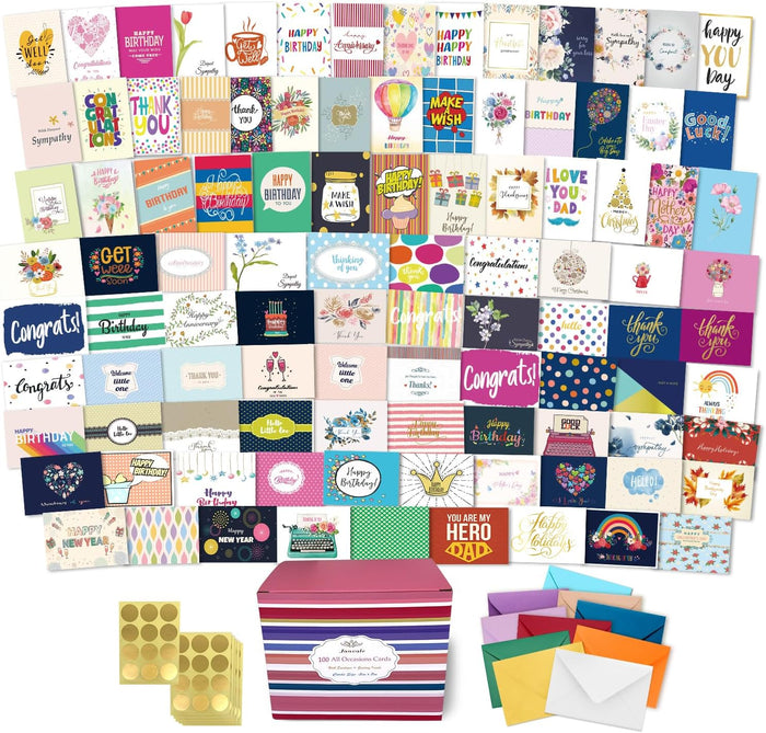 Janvale 100 All Occasion Cards Assortment Box with Color Envelopes，All Occasion Cards Set with Greeting Inside, Large 5 x 7 inch Cards with Stickers and Dividers