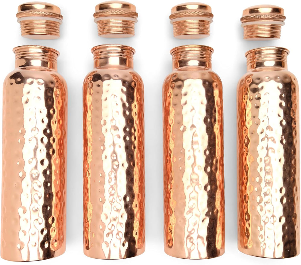 Advanced Mixology Hammered Copper Water Bottle Set of 4 (34 oz/1000ml) – 100% Pure Copper, Ayurvedic Health Benefits, Durable, Leak-Proof, Reusable, Premium Quality