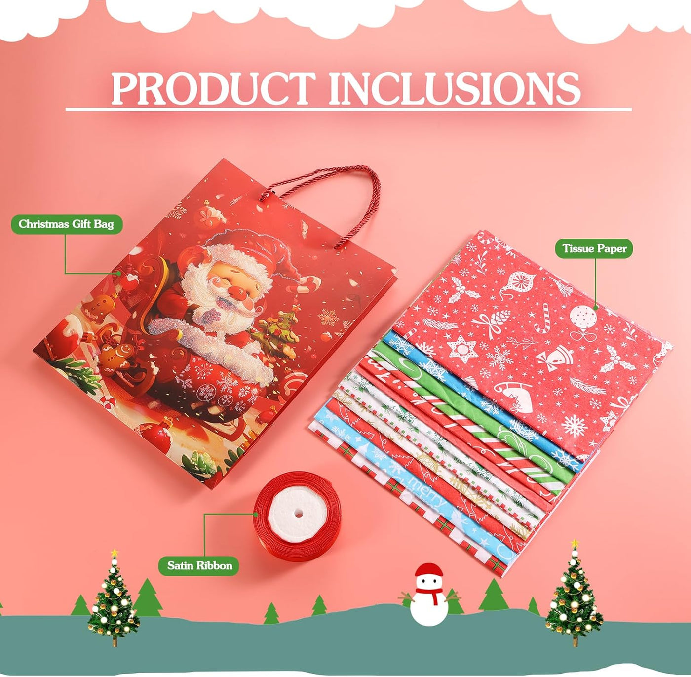 Rusikia 12 Christmas Gift Bags with 12 Tissues and 1 Satin Ribbon - Large | Party Favor Bags, Bulk with Handles,Glittery Cute Tree Father Christmas Paper Bag, for Wrapping Holiday, Red, 16"x12"x5"