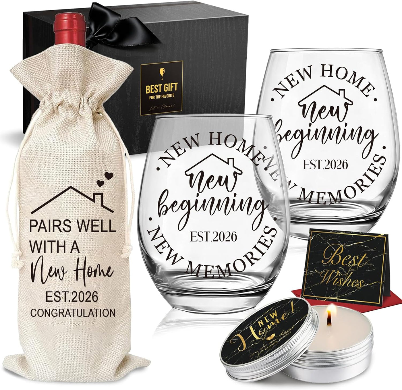 Housewarming Stemless Wine Glass & Bag & Candle Gift Set for New Homeowner, Unique Est.2026 New Home Closing gift -15oz wine glasses gift set for Home Buyers, Newlywed Couple, Clients, Friends-75