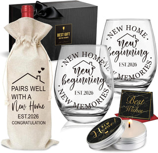 Housewarming Stemless Wine Glass & Bag & Candle Gift Set for New Homeowner, Unique Est.2026 New Home Closing gift -15oz wine glasses gift set for Home Buyers, Newlywed Couple, Clients, Friends-75