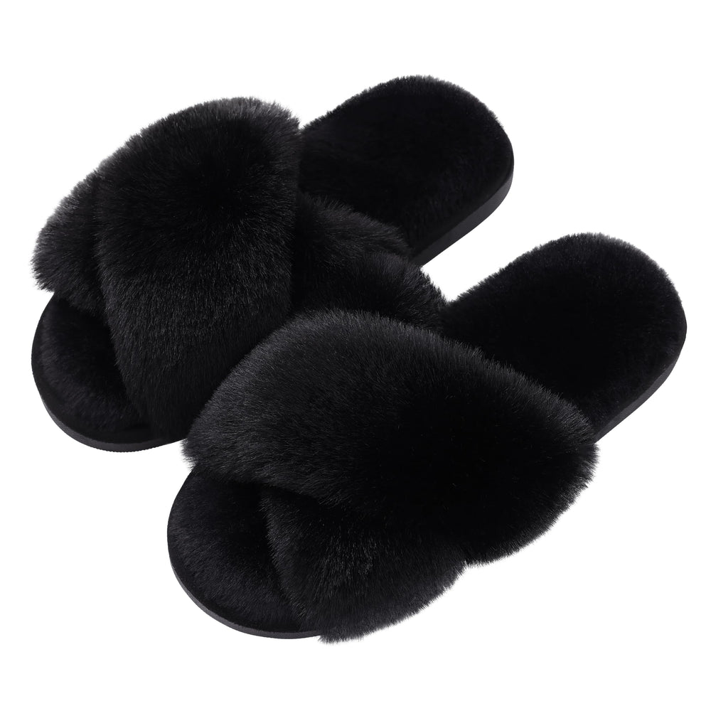 Evshine Women's Fuzzy Slippers Cross Band Memory Foam House Slippers Open Toe