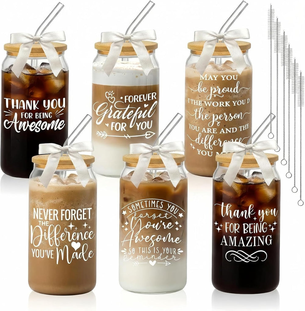 6Pcs Thank You Gifts Glass Cups with Lids and Straws 16oz Employee Appreciation Drinking Glasses Cups Thank You Iced Coffee Cup Tumbler Gifts for Employee Staff Coworkers Teachers Nurse