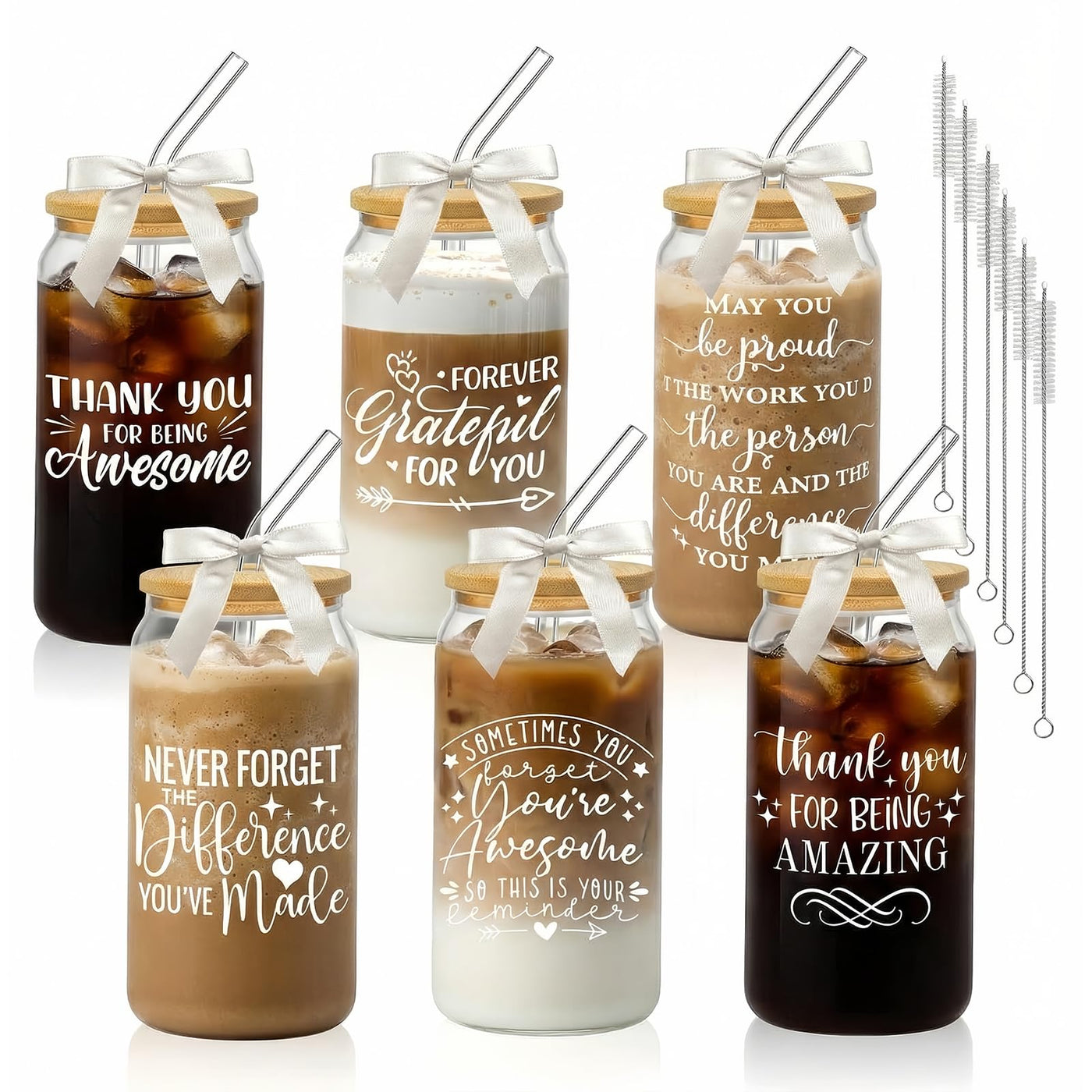 6Pcs Thank You Gifts Glass Cups with Lids and Straws 16oz Employee Appreciation Drinking Glasses Cups Thank You Iced Coffee Cup Tumbler Gifts for Employee Staff Coworkers Teachers Nurse