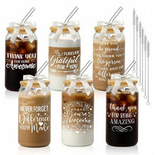 6Pcs Thank You Gifts Glass Cups with Lids and Straws 16oz Employee Appreciation Drinking Glasses Cups Thank You Iced Coffee Cup Tumbler Gifts for Employee Staff Coworkers Teachers Nurse