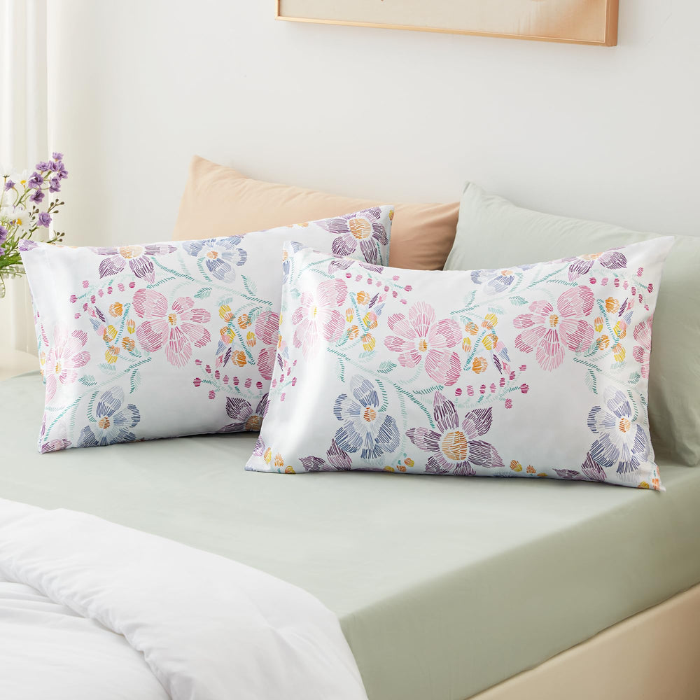 EXQ Home Silky Satin Pillowcase for Hair and Skin,Printed Pillow Cases Standard Size Set of 2 Satin Pillow Case 2 Pack with Envelope Closure(Ink Leaf, 20x26)