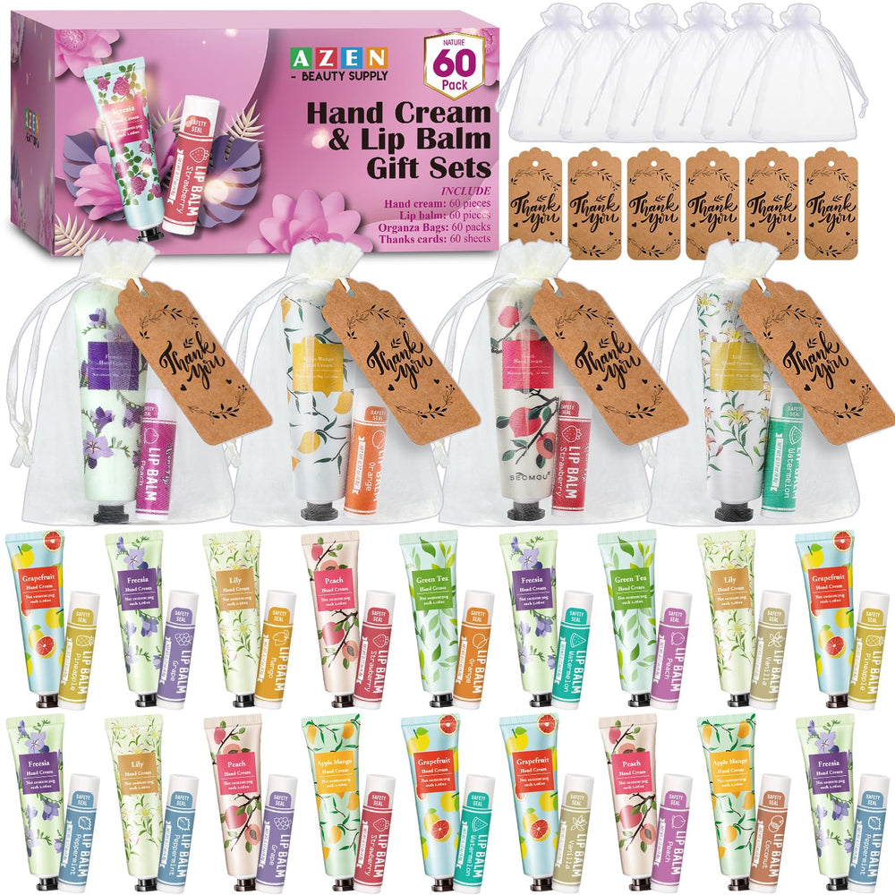 AZEN 30 Sets Bulk Gifts, Hand Cream and Lip Balm Bulk Set with Organza Bag Thank You Card, Baby Shower Wedding Gift for Guests, Bridal Wedding Favors for Guests, Mothers Day Gifts Stocking Stuffers