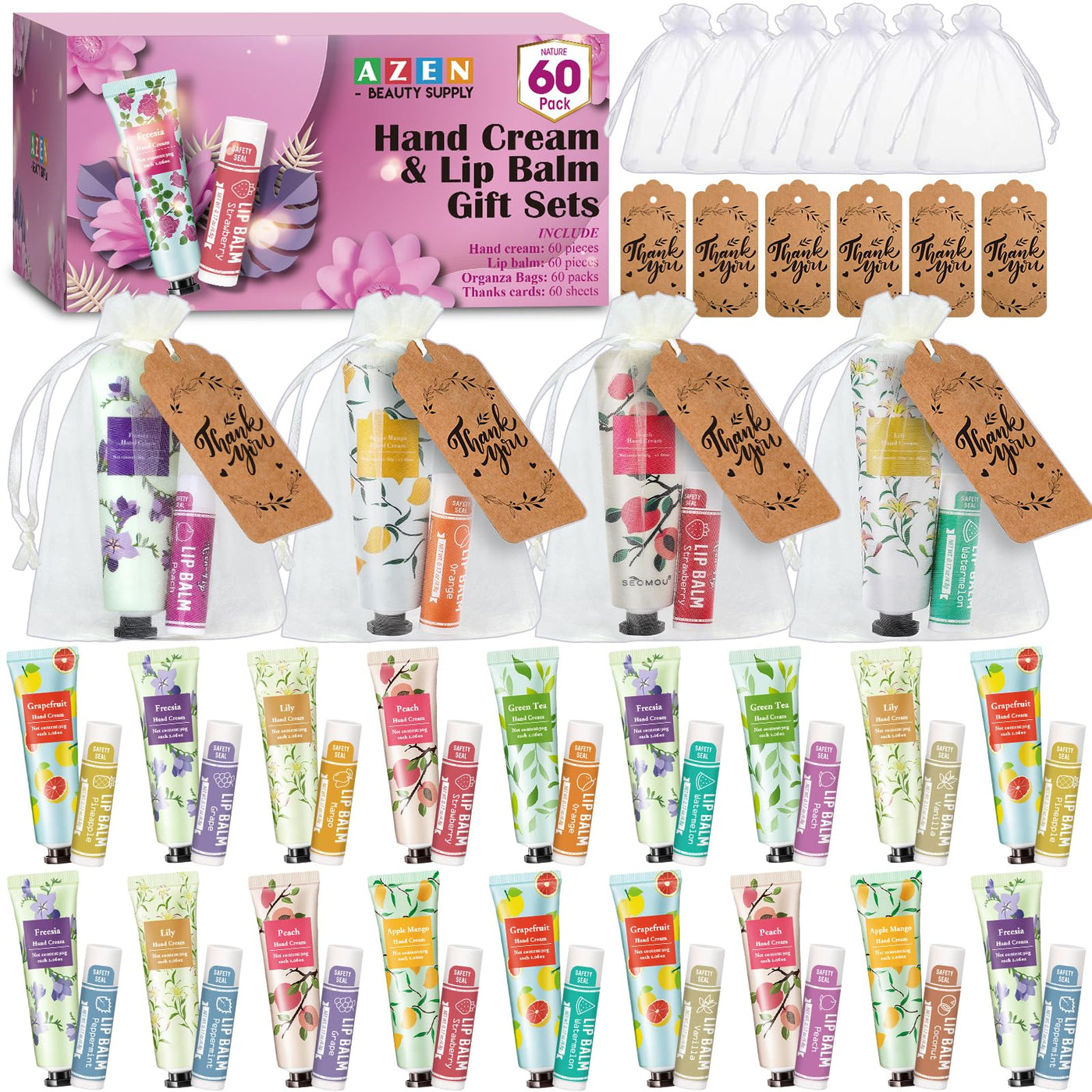 AZEN 30 Sets Bulk Gifts, Hand Cream and Lip Balm Bulk Set with Organza Bag Thank You Card, Baby Shower Wedding Gift for Guests, Bridal Wedding Favors for Guests, Mothers Day Gifts Stocking Stuffers