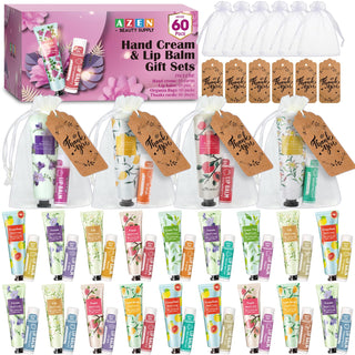 AZEN 30 Sets Bulk Gifts, Hand Cream and Lip Balm Bulk Set with Organza Bag Thank You Card, Baby Shower Wedding Gift for Guests, Bridal Wedding Favors for Guests, Mothers Day Gifts Stocking Stuffers