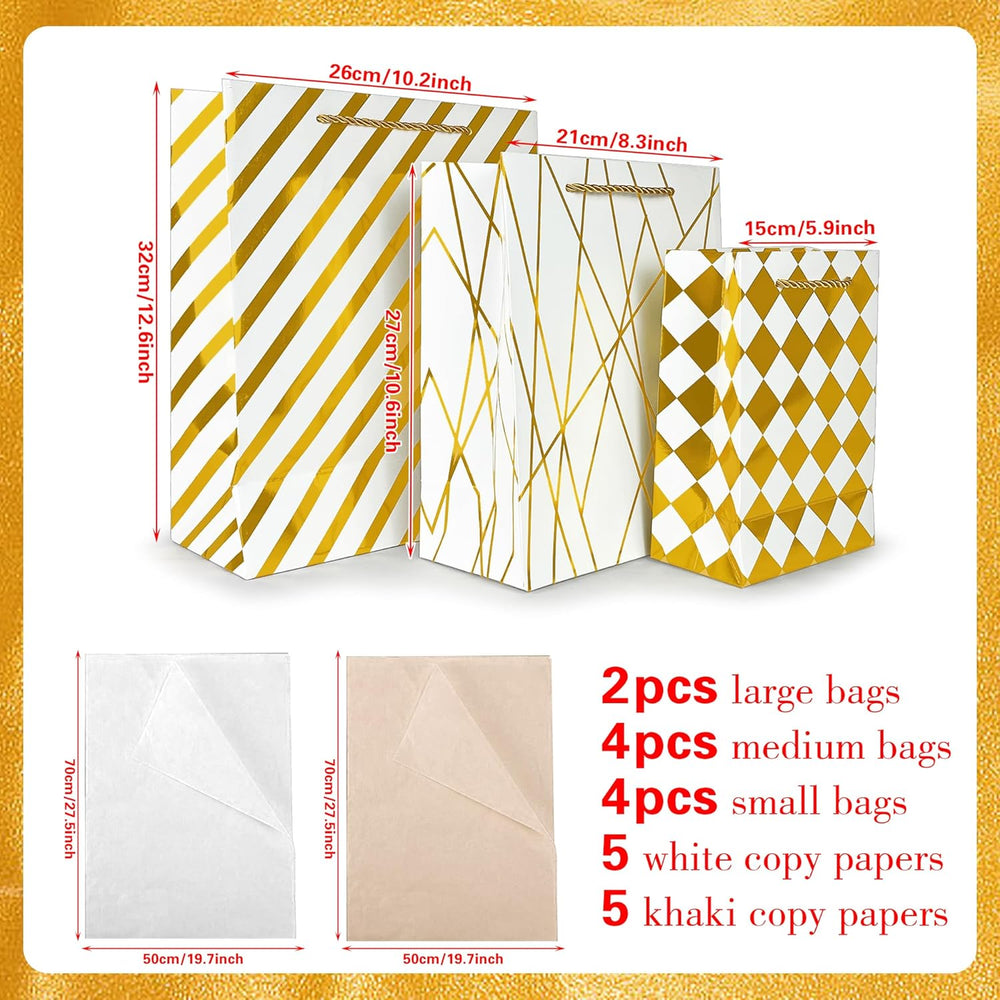 KEEPARTY Assorted Sizes Gold Foil Gift Bags with Tissue Paper Suitable for Many Occasions Set of 10 with 6 Design Styles 4 Small 4 Medium and 2 Large Gift Bags