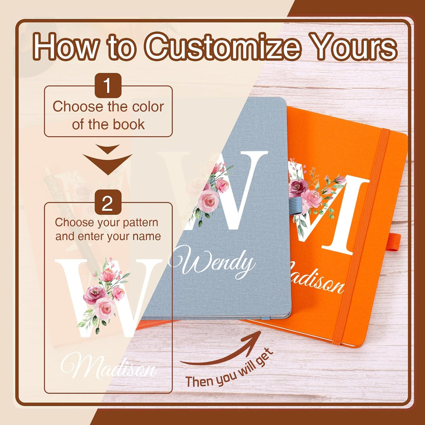 Booornainde Personalized Journal Notebook with Name & Initial, A5 Lined Linen Hardcover Journal with Pen Loop, Elastic Band & Ribbon Bookmark, Custom Notebook for Women Mom Daughter Teacher
