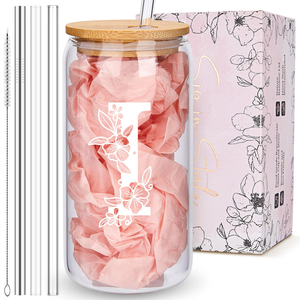 Personalized Tumbler, Monogrammed Can Glass Cups with Bamboo Lids and Straws, Customized Gifts for Women, Cute Design Initial Iced Coffee glasses, Custom Letter Mug, Birthday Bridesmaid, W