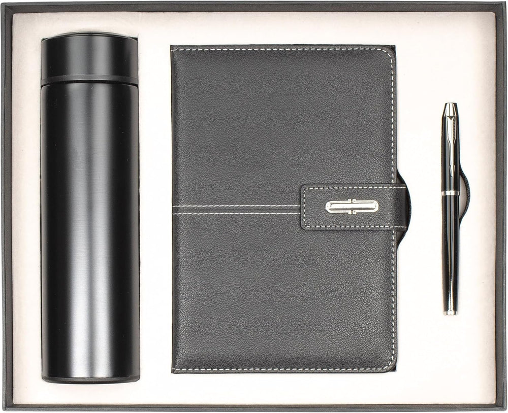 Shadow Breeze A5 Leather Notebook, Insulated Thermos and Executive Pen Gift Set in Premium Gift Box, 172 Pages 100GSM Ruled Pages, 12 oz, Great Gift for Business, School, Home (Black)