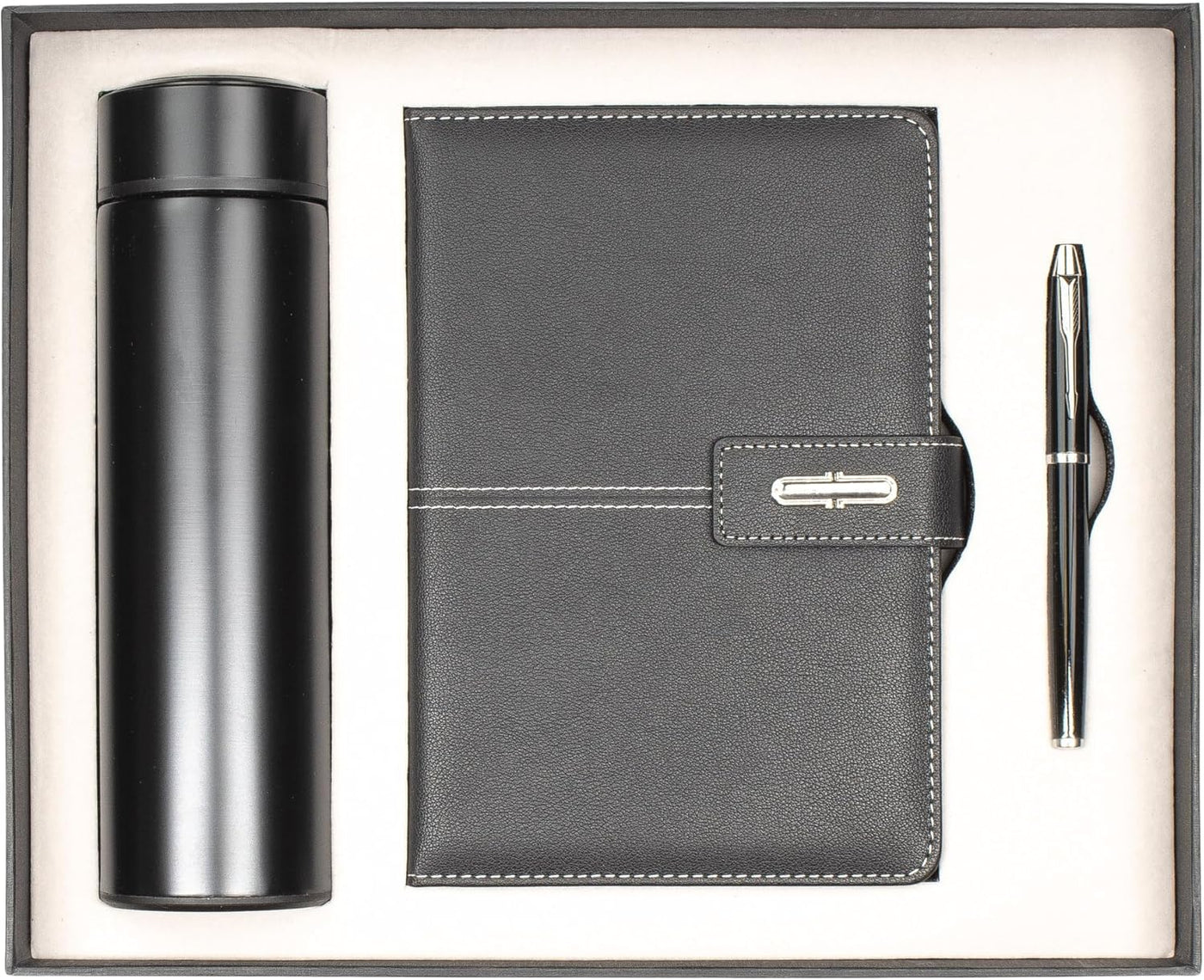 Shadow Breeze A5 Leather Notebook, Insulated Thermos and Executive Pen Gift Set in Premium Gift Box, 172 Pages 100GSM Ruled Pages, 12 oz, Great Gift for Business, School, Home (Black)