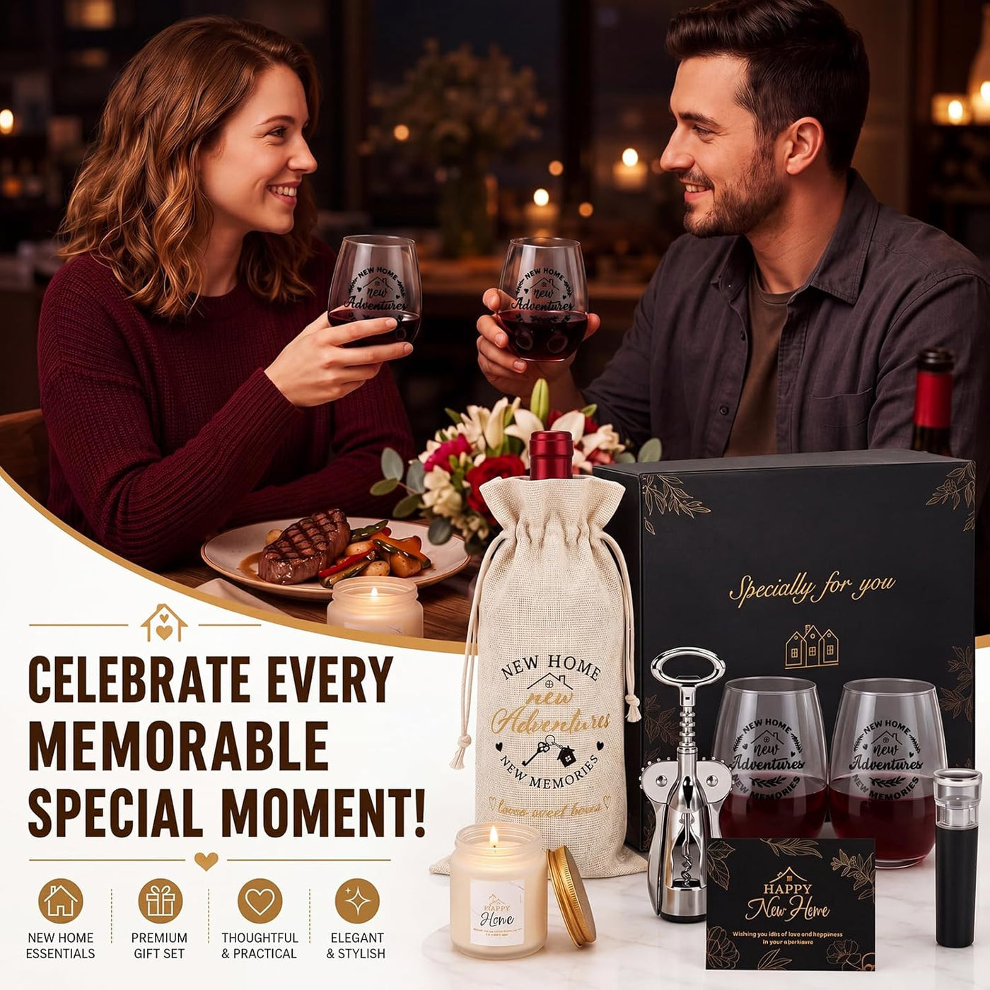 House Warming Gifts New Home - Housewarming Gift Baskets Wine Glasses Candle Bottle Bag Wine Opener and Stopper Card Home Buyer Closing Gift for Women Men Couple New House Apartment Presents