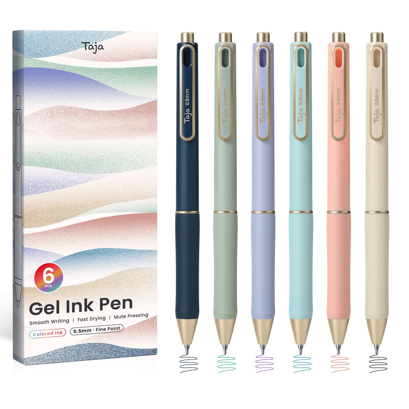 Taja Gel Pens, 6 Pcs Quick Dry Black Gel Ink Pens, 0.5mm Fine Point Smooth Writing Pens for Journaling and Note Taking, Cute Aesthetic Pens for Women & Men-Pastel