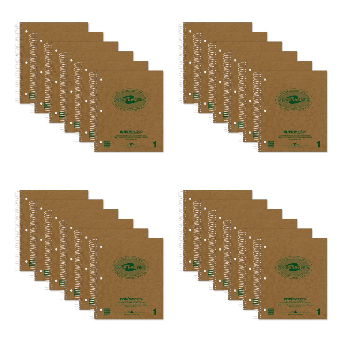 ROARING SPRING Environotes Recycled Spiral Notebook, College Ruled 1 Subject Notebook, 11" x 9", 80 Perforated Sheets, 20 lb Recycled Paper, Double Pocket, 3 Hole Punched, Made in USA
