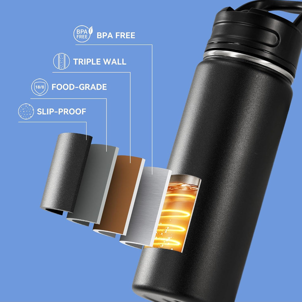 Fijinhom 18oz Insulated Stainless Steel Water Bottle with Straws, Double Wall Vacuum Insulated Bottles, Metal Thermo for Travel, Sports, Leak-Proof, BPA Free, Women & Men, Black