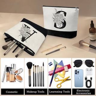 Custom Glass Cup & Makeup Bag Set - Personalized Gifts for Women, Initial 16 oz Glass Tumbler with Lid & Straw, Monogram Makeup Bag - Birthday Gifts For Women, Mother's Day Presents(S)