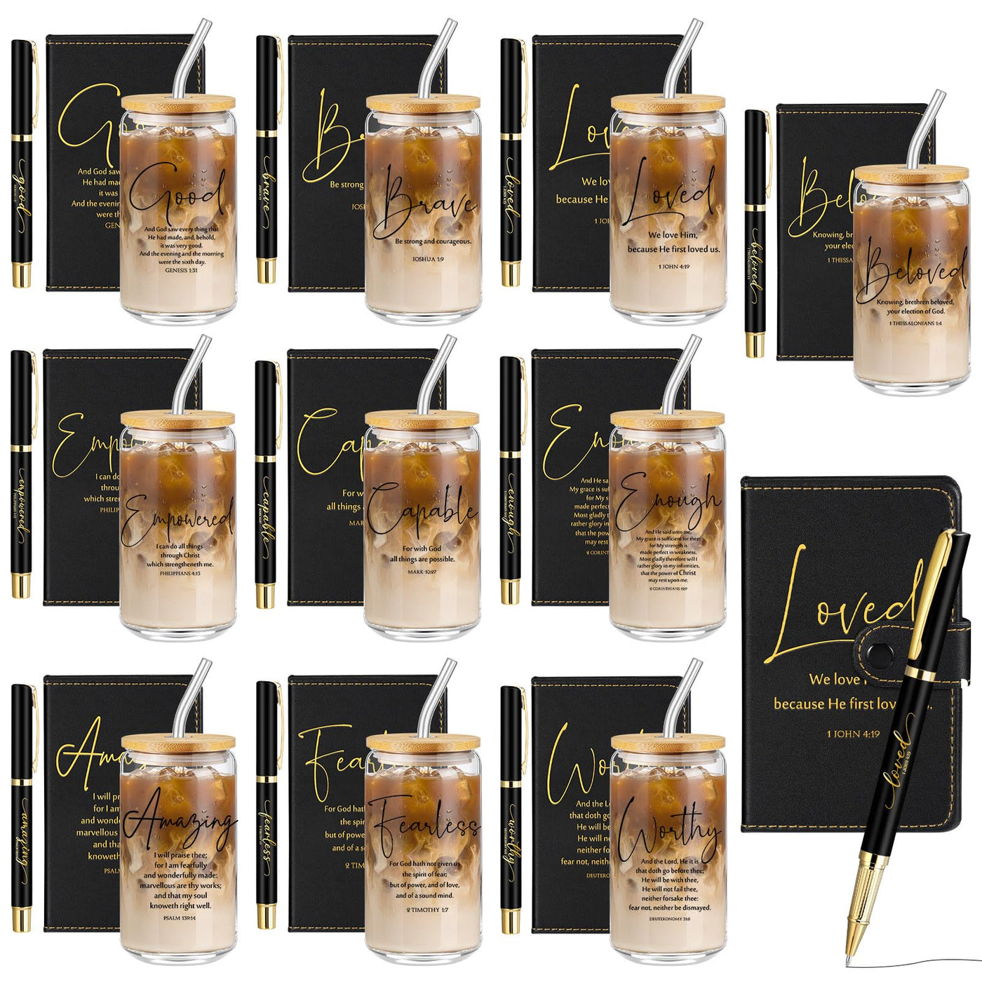 AmazingSpark 18 Pcs Fathers Day Christian Gift Bulk for Men Women 16 Oz Glass Cups with Lid Straw Bible Notebook Leather Prayer Journal with Pen Religious Gift for Church Member (Bible Words,Brown)