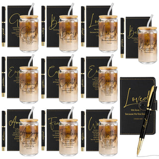 AmazingSpark 18 Pcs Fathers Day Christian Gift Bulk for Men Women 16 Oz Glass Cups with Lid Straw Bible Notebook Leather Prayer Journal with Pen Religious Gift for Church Member (Bible Words,Brown)