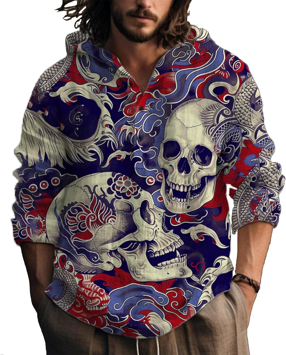 MARSVOVO Hooded Long Sleeve Shirt Men Fashion Graphic Button Up Lightweight Big and Tall Casual Vacation Shirts for Men