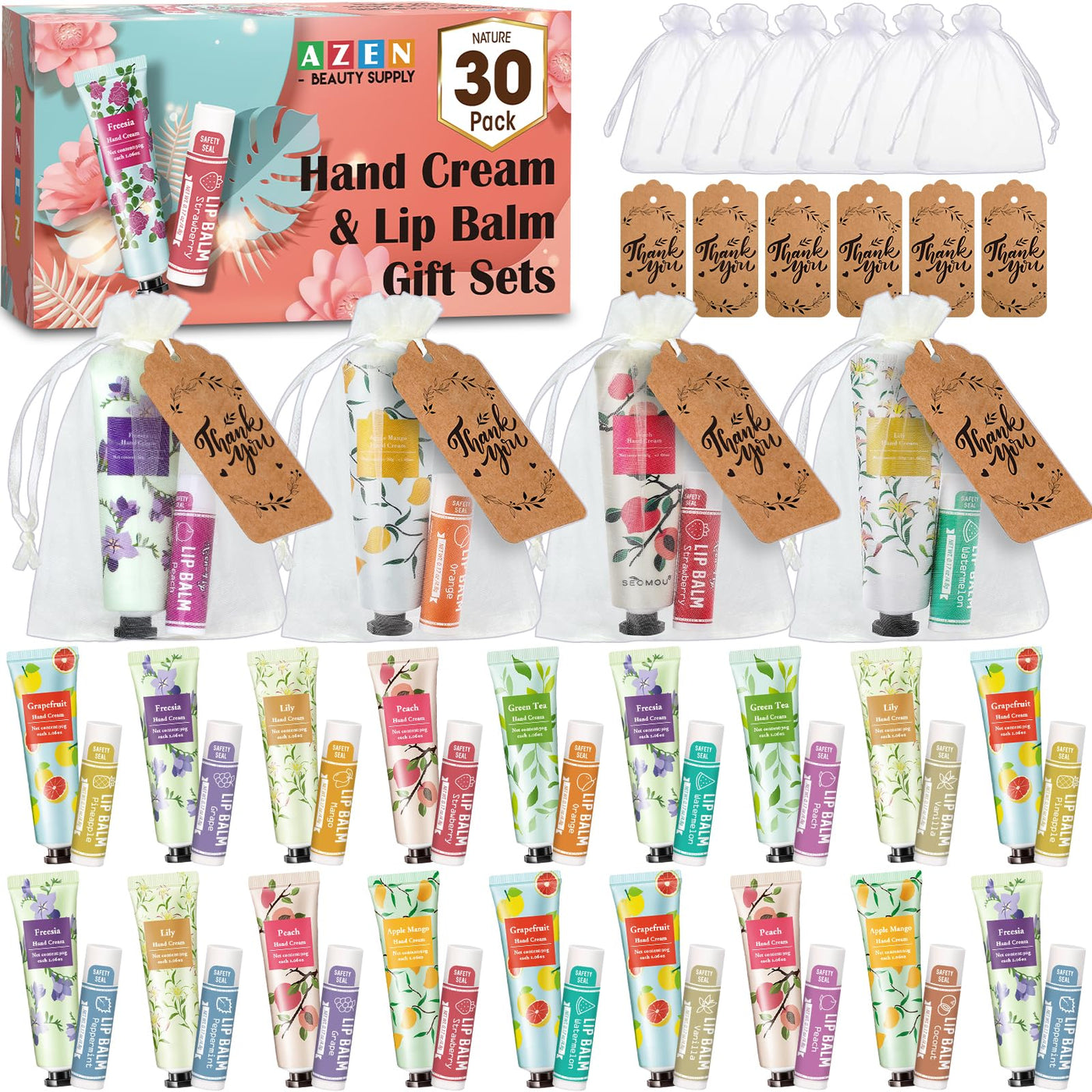 AZEN 30 Sets Bulk Gifts, Hand Cream and Lip Balm Bulk Set with Organza Bag Thank You Card, Baby Shower Wedding Gift for Guests, Bridal Wedding Favors for Guests, Mothers Day Gifts Stocking Stuffers