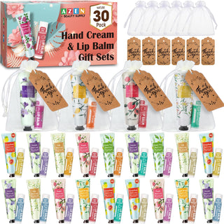 AZEN 30 Sets Bulk Gifts, Hand Cream and Lip Balm Bulk Set with Organza Bag Thank You Card, Baby Shower Wedding Gift for Guests, Bridal Wedding Favors for Guests, Mothers Day Gifts Stocking Stuffers