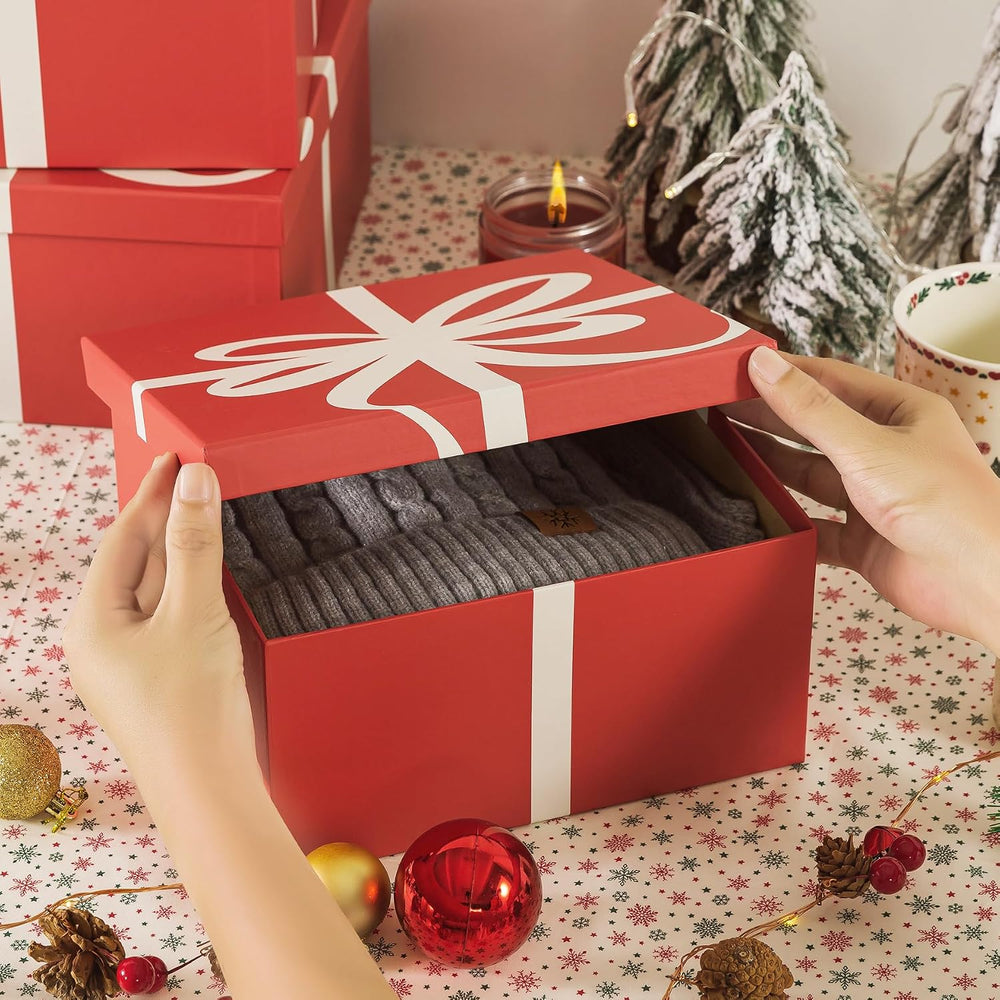 Soul & Lane Christmas Square Decorative Boxes with Lids - Set of 4 - Festive Red, Reusable Large Nesting Holiday Gift Boxes for Presents and Décor