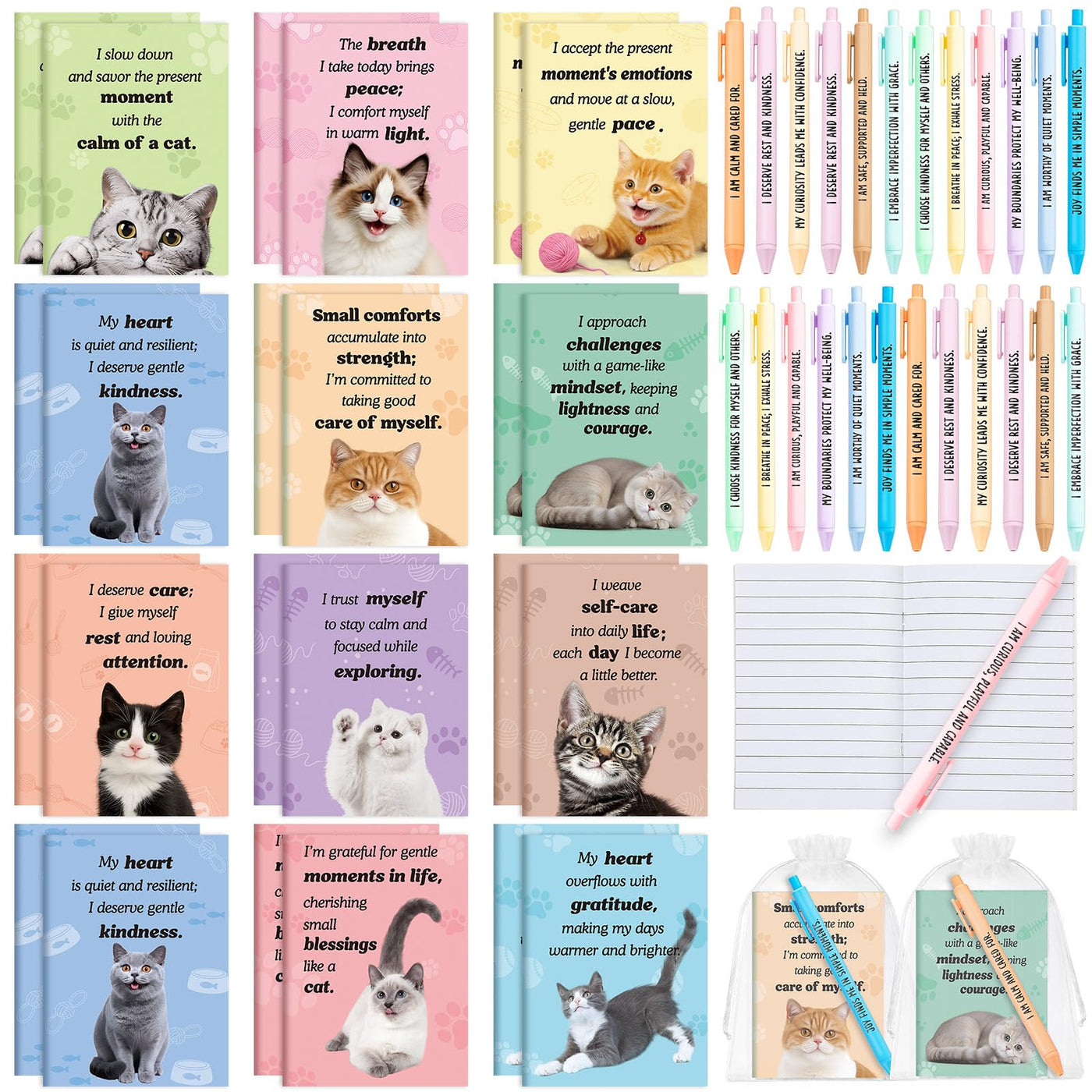 Mooliwe 24 Pcs Positive Affirmation Gift Set Gratitude Notebooks with Pens Small Bags Motivational Encouragement Notepads Daily Affirmations Journal for Women Stress Relief Self Care (Watercolor)
