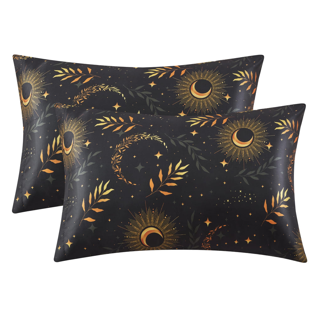 EXQ Home Silky Satin Pillowcase for Hair and Skin,Printed Pillow Cases Standard Size Set of 2 Satin Pillow Case 2 Pack with Envelope Closure(Ink Leaf, 20x26)