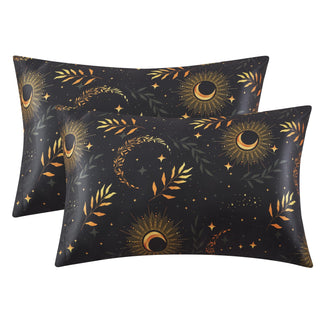 EXQ Home Silky Satin Pillowcase for Hair and Skin,Printed Pillow Cases Standard Size Set of 2 Satin Pillow Case 2 Pack with Envelope Closure(Ink Leaf, 20x26)