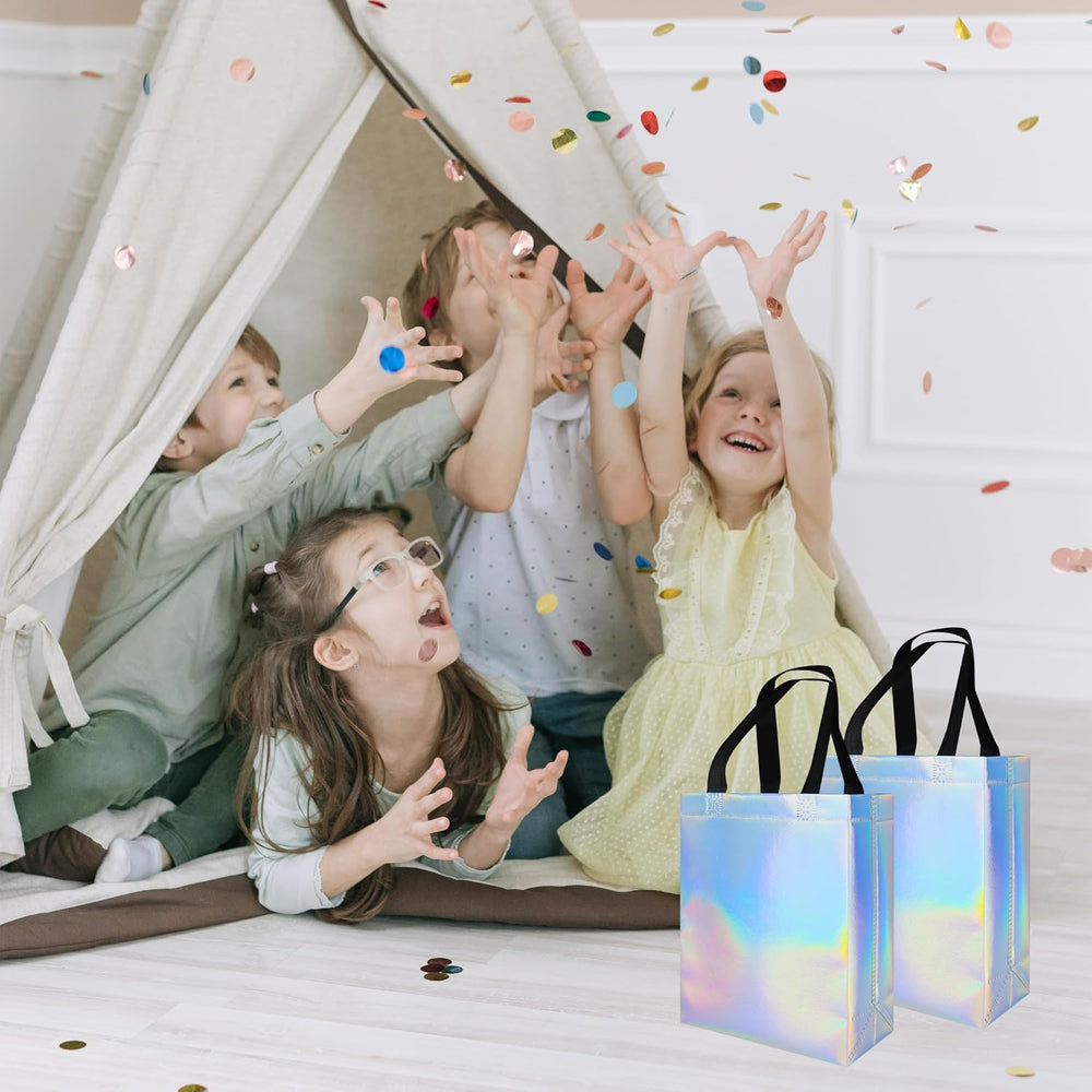 cabzymx 18 Pcs Glossy Iridescent Small Gift Bags Bulk, 8x3.9x9.8 In Non-woven Party Bags for Present with Sturdy Bases for Birthday, Wedding, Easter, Party, Holiday