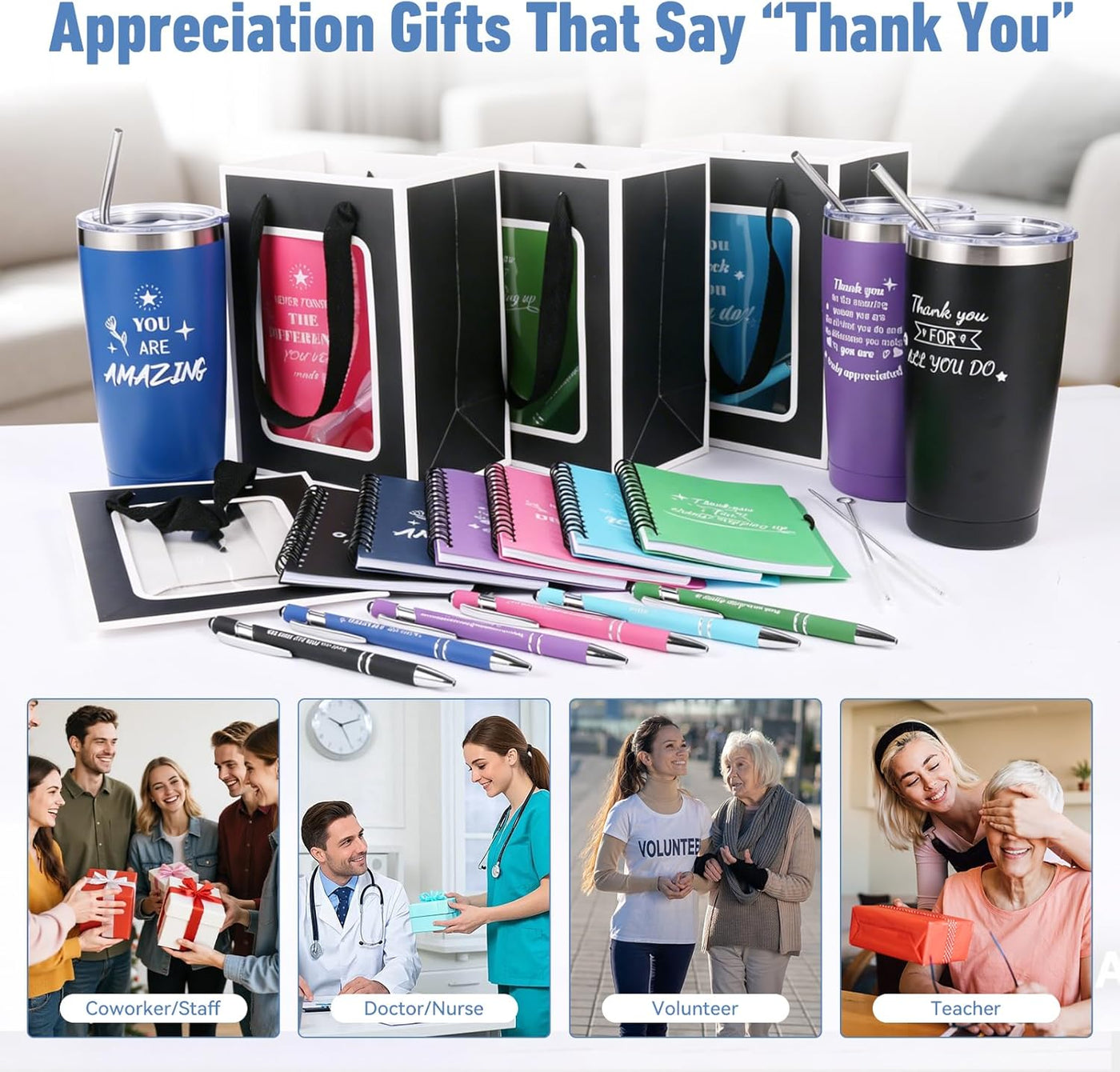 6 Set/36 Pcs Teacher Employee Appreciation Gifts Bulk - 20 Oz Insulated Tumblers, Steel Straw & Cleaner, Gift Bag, Inspirational Notebook, Motivational Pen - Thank You Gift for Coworker, Nurses