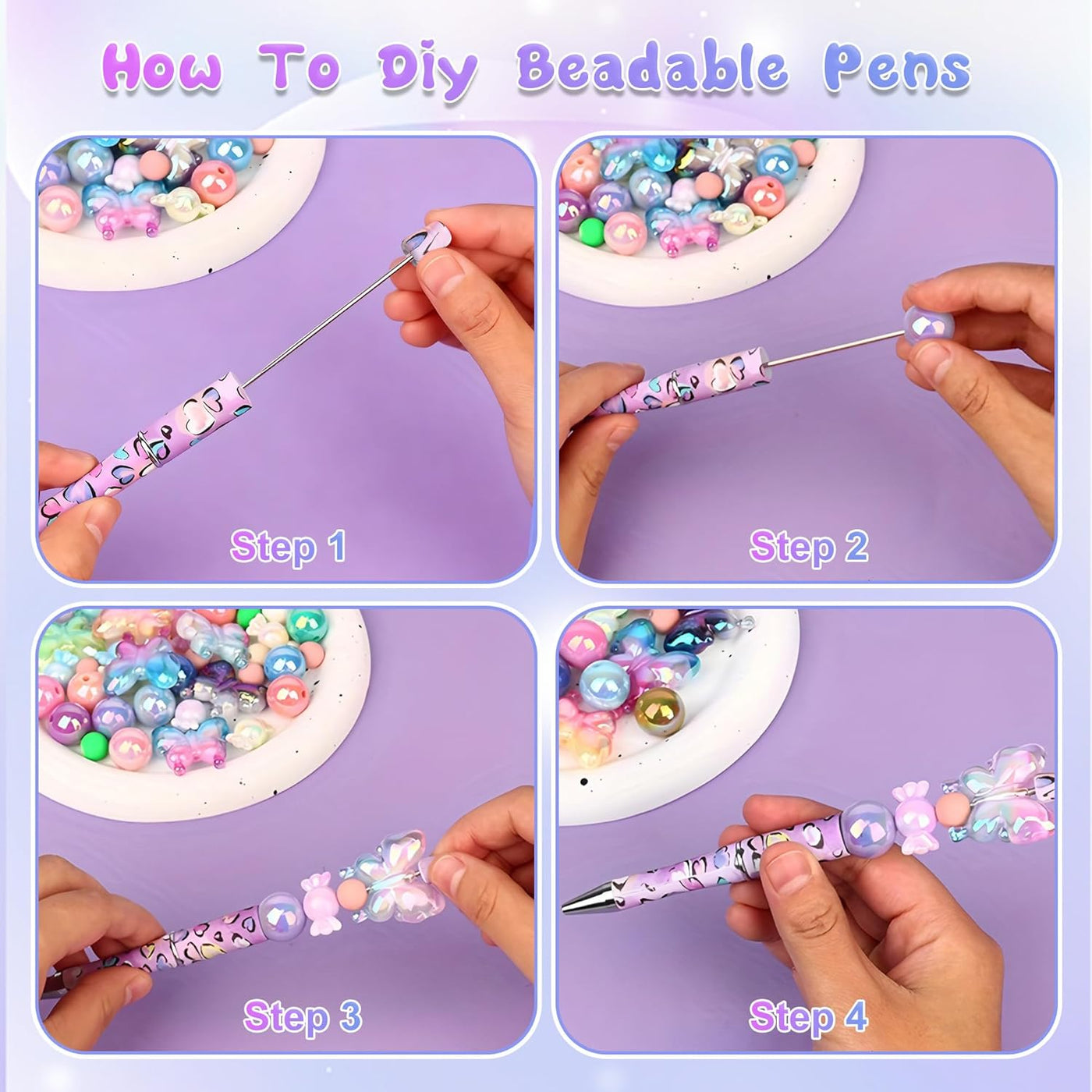holoith 8 Set Butterfly Flower Beadable Pens Kit, Pen Making Kit with Beads and Refills, Black Ink Ballpoint Smooth Writing, Gift for Diy Present Students Teens Office Supplies