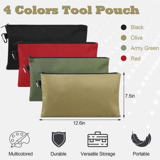 4 Pack Tool Bag, Premium Tool Pouch Zipper Bag, 12" Tool Pouch with Zipper, Multipurpose Storage Pouch with Carabiner for Tools, Stationary, Pencil Pouch, Gadgets, Cosmetics - hover image