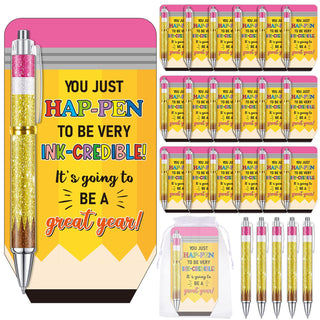 Marspark 30 Set Welcome Back to School Gifts Bulk Ballpoint Pens and Greeting Cards Set with Bags Twist Ties Composition First Day of School Gifts for Teacher Student Classroom Party Favors Supplies