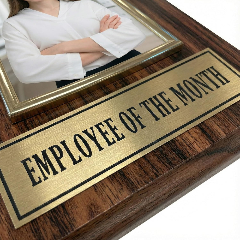 Employee of The Month Award Plaque and Bonus Magnet! 8x10 Picture Plaque Holds a 4x6 Photo. Employee Appreciation Award. Walnut Finish