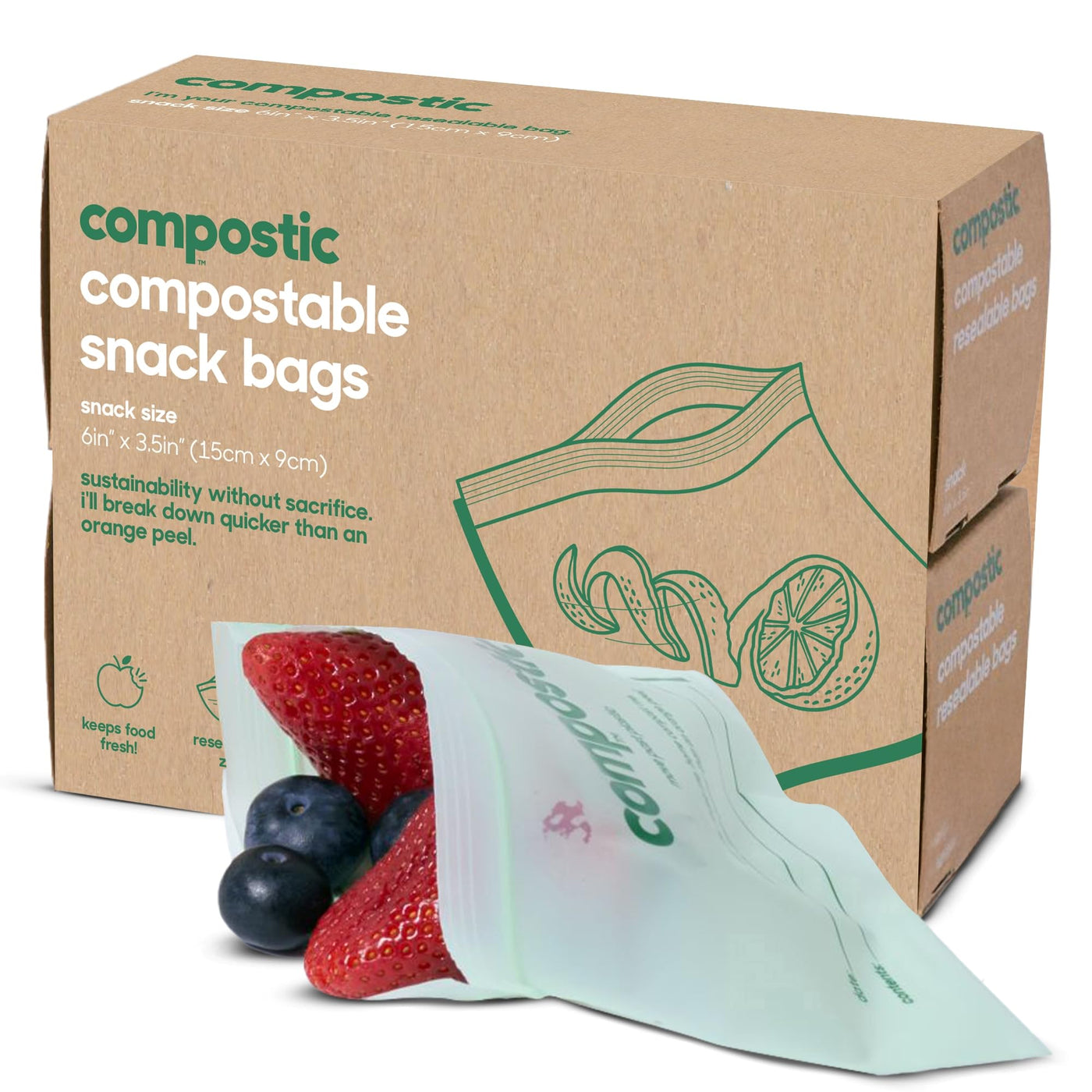 Compostic Compostable Snack Bags, Snack Size (60 Count) Starter Pack — Resealable Zip-Seal, Plant-Based, Home Compostable, Freezer Safe, BPA-Free, Non-Toxic, GMO-Free Food Storage Bags
