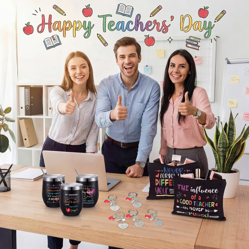 Umigy 24 Pcs Teacher Appreciation Gift Bulk 12 oz End Year of Teacher Black Wine Tumblers Graduation Thank You Gift 8 Rainbow Makeup Bag 8 Apple Shaped Keychain 8 Mug Cups for Women School (Bright)