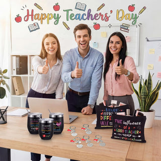 Umigy 24 Pcs Teacher Appreciation Gift Bulk 12 oz End Year of Teacher Black Wine Tumblers Graduation Thank You Gift 8 Rainbow Makeup Bag 8 Apple Shaped Keychain 8 Mug Cups for Women School (Bright)