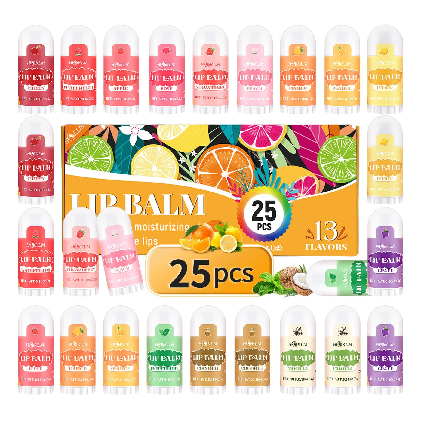 Mini Lip Balm 25 Pack, Natural Lip Balms with Vitamin E and Coconut Oil. Moisturizes for Dry Lips, Perfect for Christmas Gifts, Party Favors, Gift Bags and Small Gifts-13 Flavors