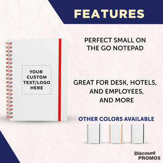 DISCOUNT PROMOS Personalized Custom White Spiral Notebook with Elastic Band Pack – 10/50/100 Pack, Customizable Text & Logo, 80 Lined Pages, Recycled Paper – Red