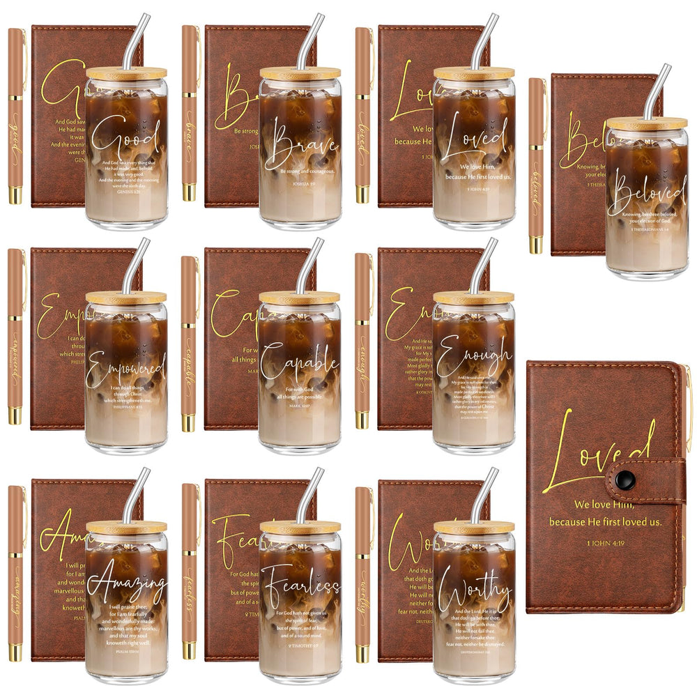 AmazingSpark 18 Pcs Fathers Day Christian Gift Bulk for Men Women 16 Oz Glass Cups with Lid Straw Bible Notebook Leather Prayer Journal with Pen Religious Gift for Church Member (Bible Words,Brown)