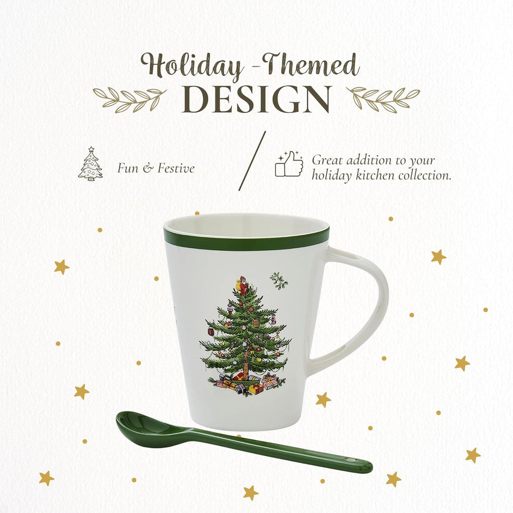 Spode Christmas Tree Mug & Spoon Set, 14 Oz Porcelain Mug for Coffee, Tea, Milk, Hot Cocoa - Festive Gift Box - Dishwasher & Microwave Safe - Holiday Collection Design for Gifting (Christmas Tree)