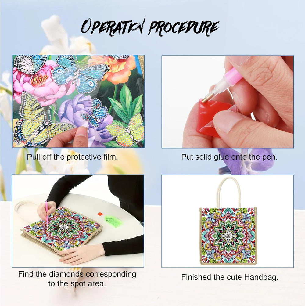 JZHYOAN Mandala Diamond Painting Canvas Tote Bags for Adults DIY Flower Diamond Art Tote Bags Kits Reusable Grocery Shopping Hand Storage Bag with Handles Portable Storage Bag for Family Woman Man
